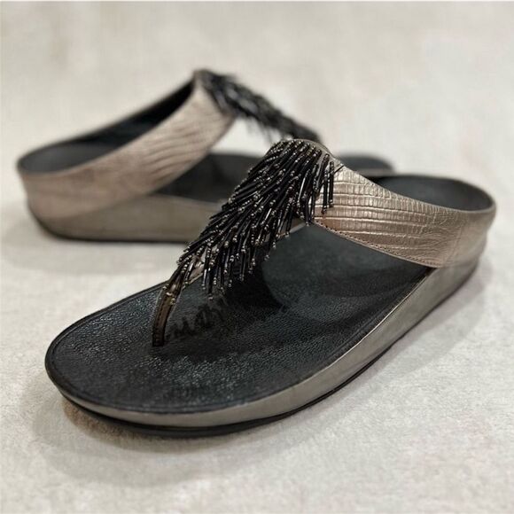 FitFlop Rumba Cha Cha Beaded Fringed Metallic Sandals Size 10 - Picture 7 of 16